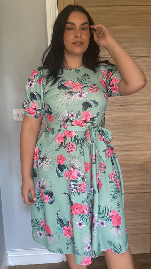 Curvewow Green Floral Belle Sleeve Dress Curvewow 1762