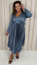 CurveWow Long Sleeve Pleated Wrap Dress Gunmetal Grey