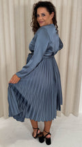 CurveWow Long Sleeve Pleated Wrap Dress Gunmetal Grey