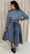 CurveWow Long Sleeve Pleated Wrap Dress Gunmetal Grey