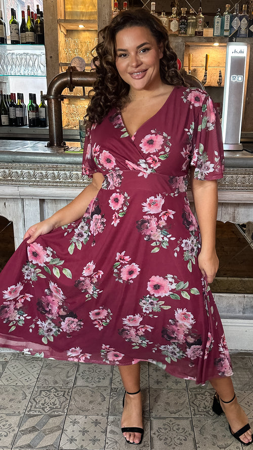 CurveWow Mesh Angel Sleeve Dress Wine Multi Floral