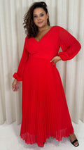 CurveWow Pleated Wrap Maxi Dress Red