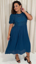 CurveWow Lace Top Pleated Dress Teal