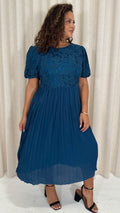 CurveWow Lace Top Pleated Dress Teal