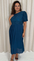 CurveWow Lace Top Pleated Dress Teal