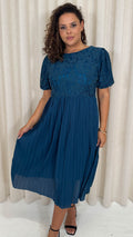 CurveWow Lace Top Pleated Dress Teal