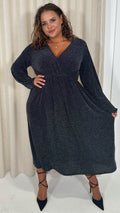 CurveWow Wrap Balloon Sleeve Midaxi Dress Black Silver