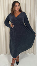 CurveWow Wrap Balloon Sleeve Midaxi Dress Black Silver