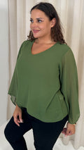 CurveWow V Neck Blouse Khaki