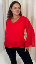 CurveWow V Neck Blouse Red