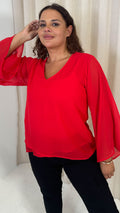 CurveWow V Neck Blouse Red