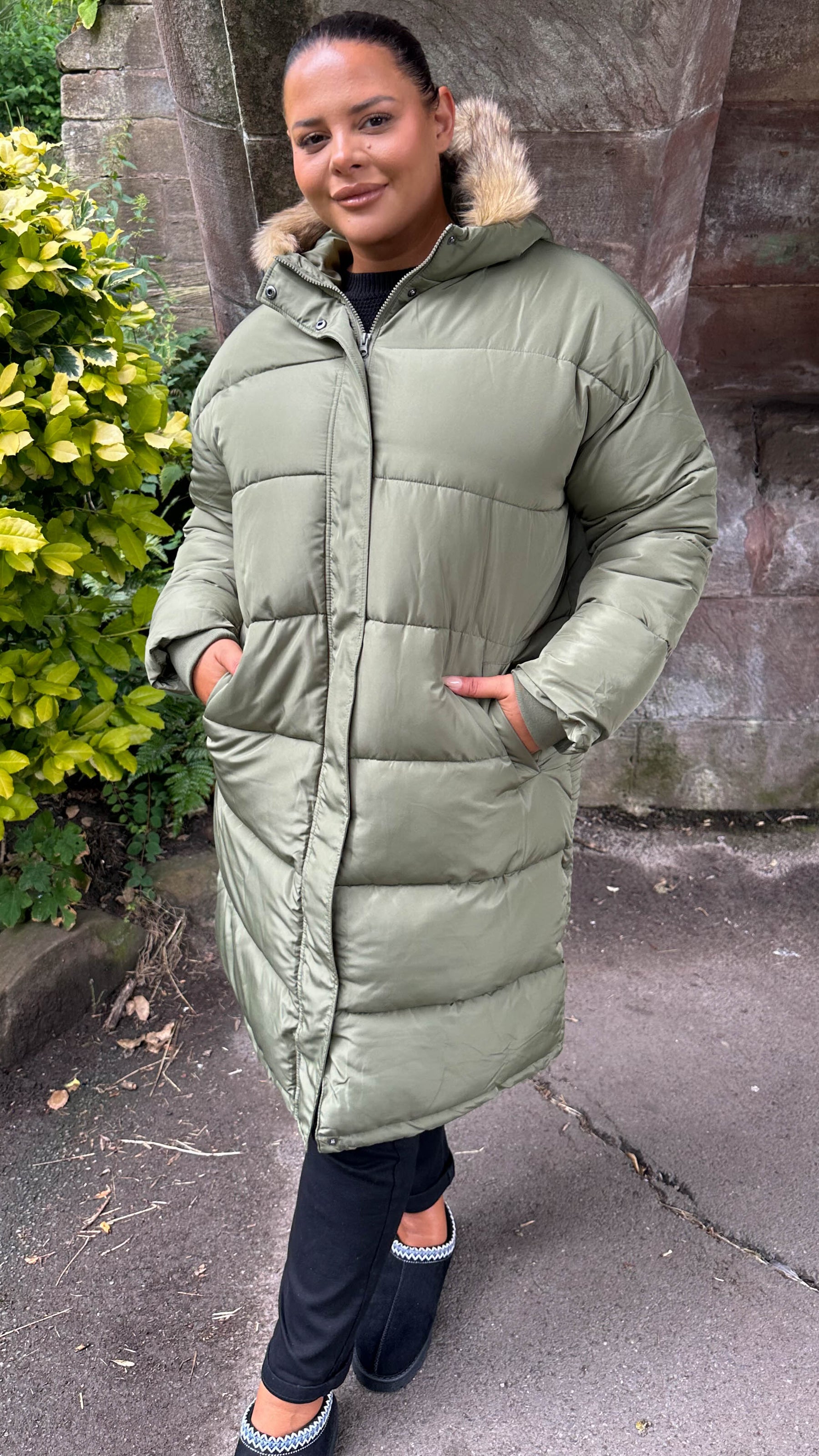 CurveWow Longline Faux Fur Hood Parka Coat Khaki