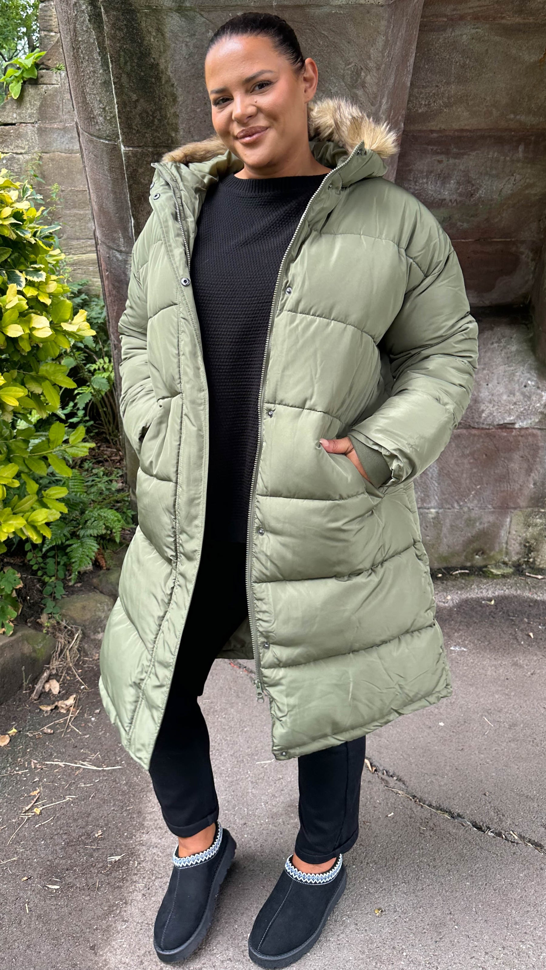 CurveWow Longline Faux Fur Hood Parka Coat Khaki