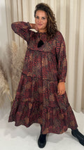 CurveWow Frill Tiered Maxi Dress Rust Mixed Animal