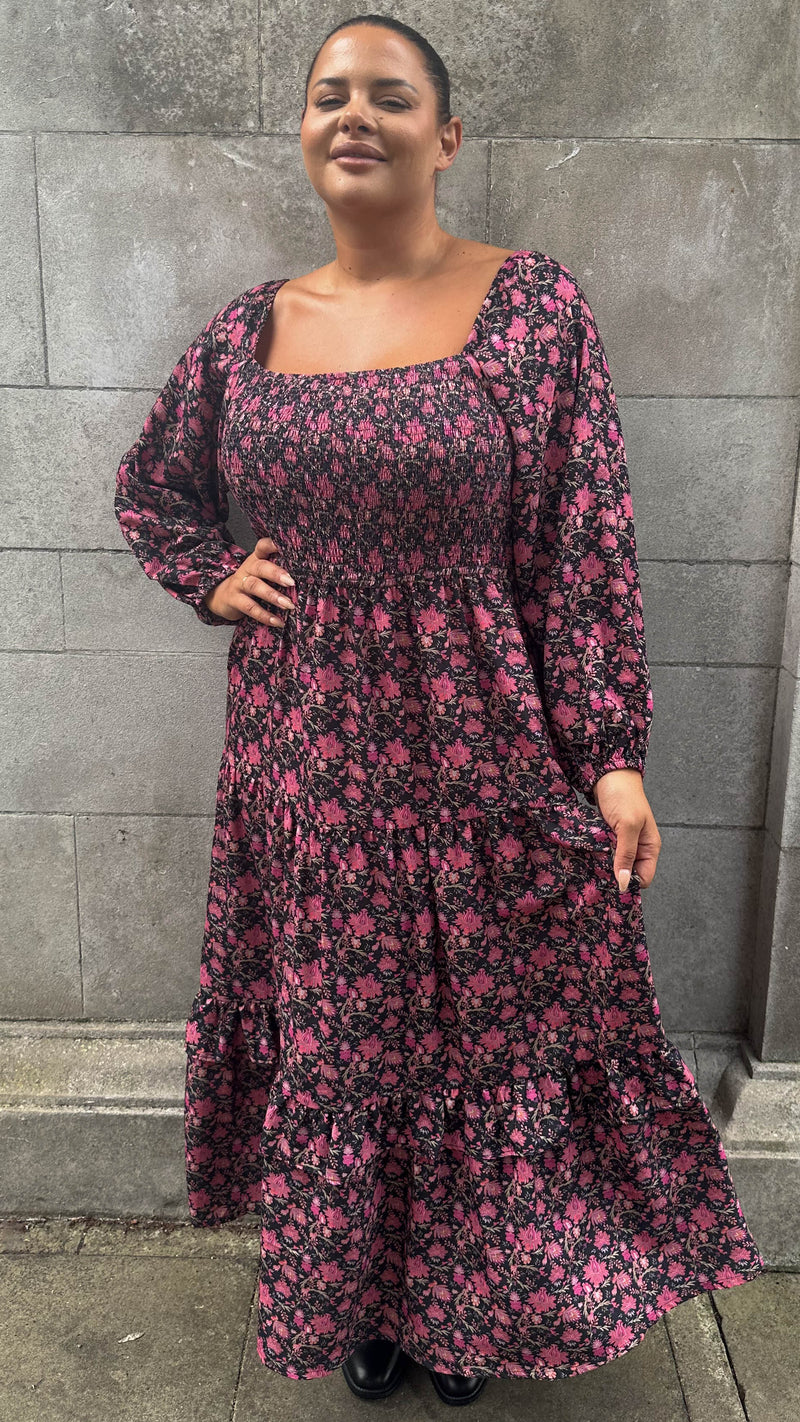 CurveWow Shirred Top Maxi Dress Red Floral