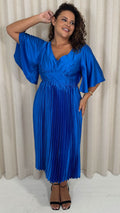 CurveWow 3/4 Sleeve Satin V Neck Pleated Midi Dress Blue