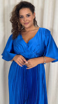 CurveWow 3/4 Sleeve Satin V Neck Pleated Midi Dress Blue