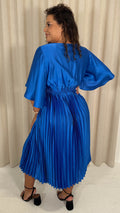 CurveWow 3/4 Sleeve Satin V Neck Pleated Midi Dress Blue