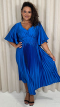 CurveWow 3/4 Sleeve Satin V Neck Pleated Midi Dress Blue