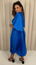 CurveWow 3/4 Sleeve Satin V Neck Pleated Midi Dress Blue