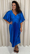 CurveWow 3/4 Sleeve Satin V Neck Pleated Midi Dress Blue