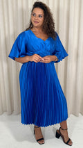 CurveWow 3/4 Sleeve Satin V Neck Pleated Midi Dress Blue