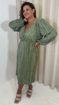 CurveWow Plisse Wrap Midi Dress Green