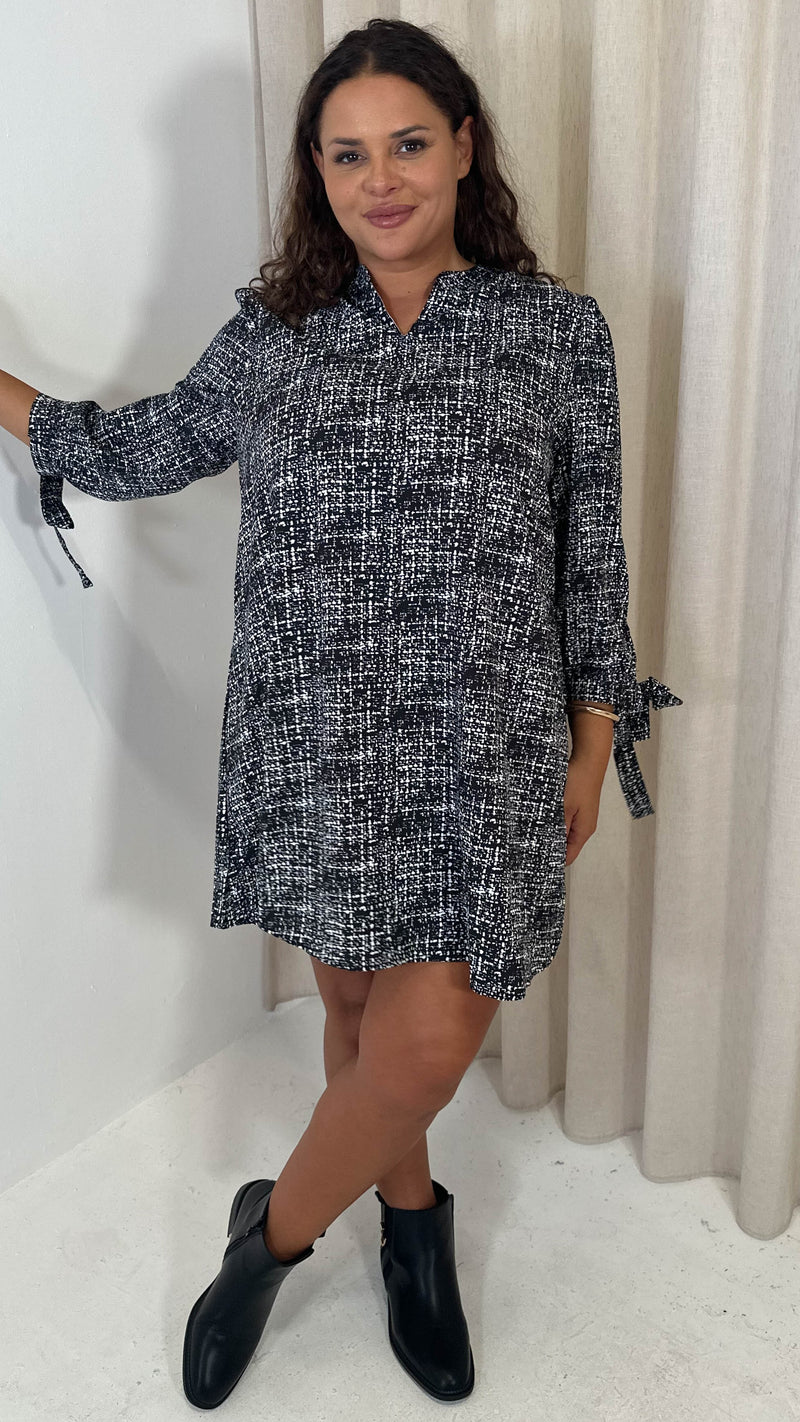 CurveWow Tie Sleeve Tunic Dress Black Check