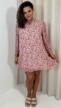 CurveWow Tie Sleeve Tunic Dress Pink & Red Floral