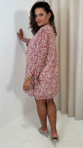 CurveWow Tie Sleeve Tunic Dress Pink & Red Floral