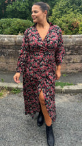 CurveWow Collared Wrap Printed Maxi Dress Black & Red Floral