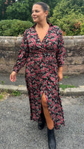 CurveWow Collared Wrap Printed Maxi Dress Black & Red Floral