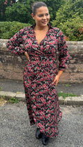 CurveWow Collared Wrap Printed Maxi Dress Black & Red Floral