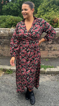 CurveWow Collared Wrap Printed Maxi Dress Black & Red Floral