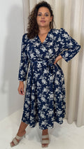 CurveWow Wrap Waist Tie Midi Dress Navy Floral