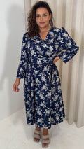 CurveWow Wrap Waist Tie Midi Dress Navy Floral