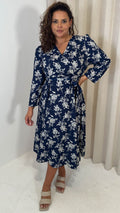 CurveWow Wrap Waist Tie Midi Dress Navy Floral