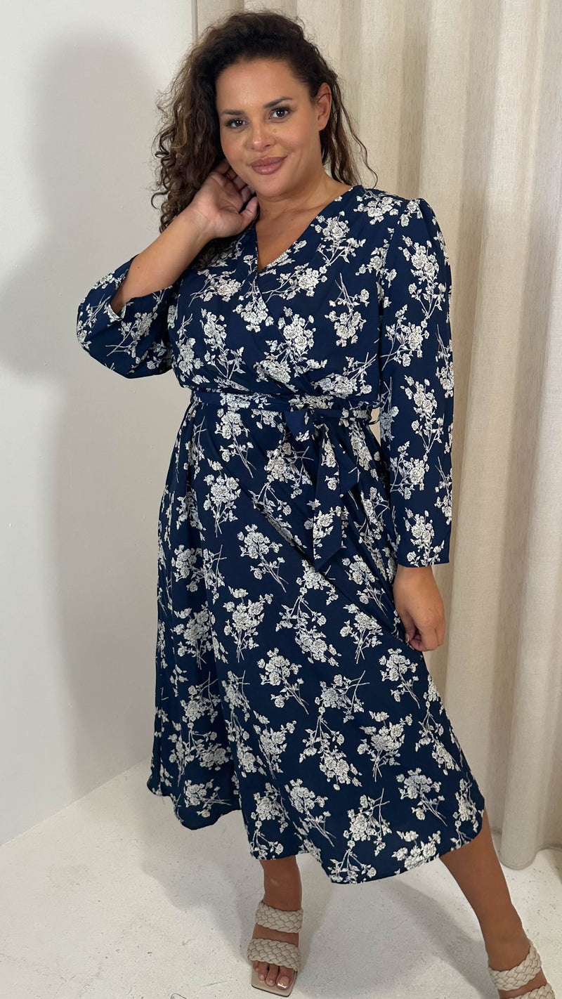 CurveWow Wrap Waist Tie Midi Dress Navy Floral