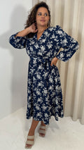 CurveWow Wrap Waist Tie Midi Dress Navy Floral