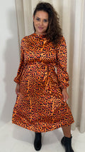 CurveWow Satin Tie Waist Midi Dress Orange Leopard