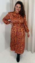 CurveWow Satin Tie Waist Midi Dress Orange Leopard