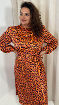 CurveWow Satin Tie Waist Midi Dress Orange Leopard