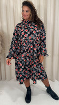 CurveWow High Neck Smock Dress Black Floral