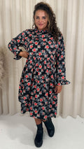 CurveWow High Neck Smock Dress Black Floral