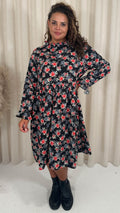 CurveWow High Neck Smock Dress Black Floral