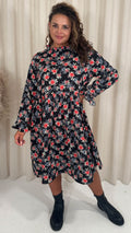 CurveWow High Neck Smock Dress Black Floral