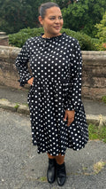 CurveWow High Neck Smock Dress White/Black Polka Dot