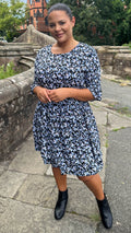 CurveWow Double Layer Tea Dress Blue Black Floral