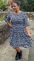 CurveWow Double Layer Tea Dress Blue Black Floral