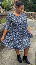 CurveWow Double Layer Tea Dress Blue Black Floral